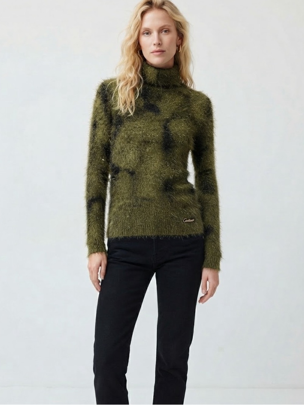 Vintage Cartisse Olive Green Fuzzy Eyelash Turtleneck Sweater XS
